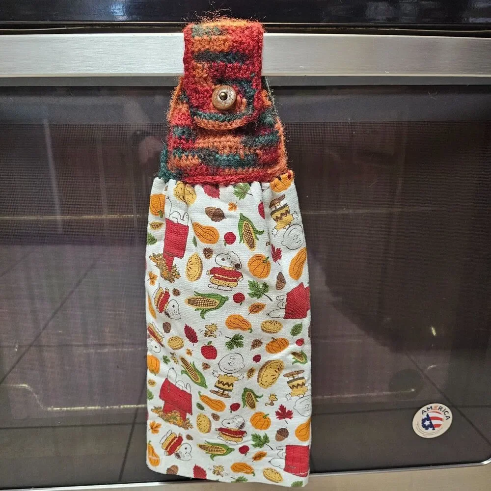 Crochet Topper Towel Handmade Snoppy Peanuts FALL kitchen hand towel unique NEW